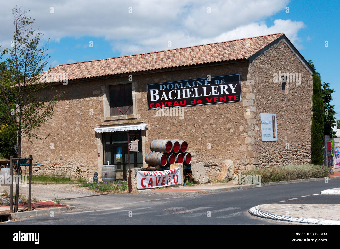 Domaine de Bachellery wine sellers on the outskirts of Beziers, Languedoc in southern France. Stock Photo