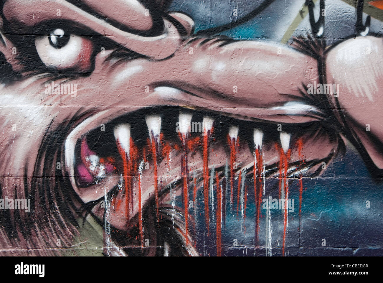 Close up on Scary Wolf with Blood Dripping from Sharp Teeth, Graffiti