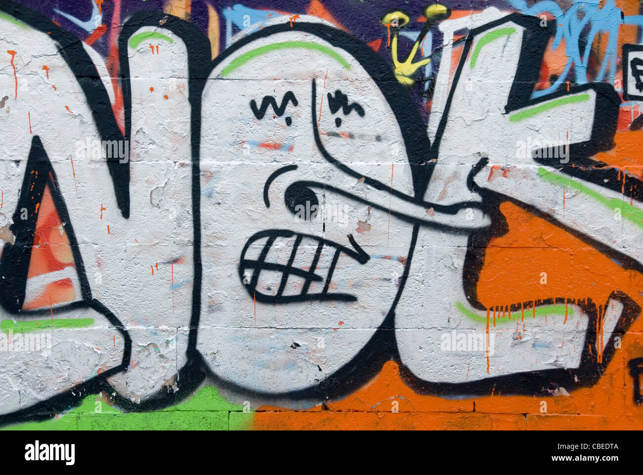 Close Up Funny Face In Letter O Of Not Graffiti Art Mural On Wall