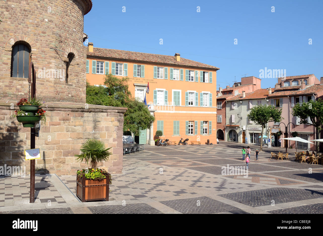 Main Town Square, Place Camille Formigé,  the Town Hall, or Marie, and Frejus Cathedral, Frejus Var France Stock Photo
