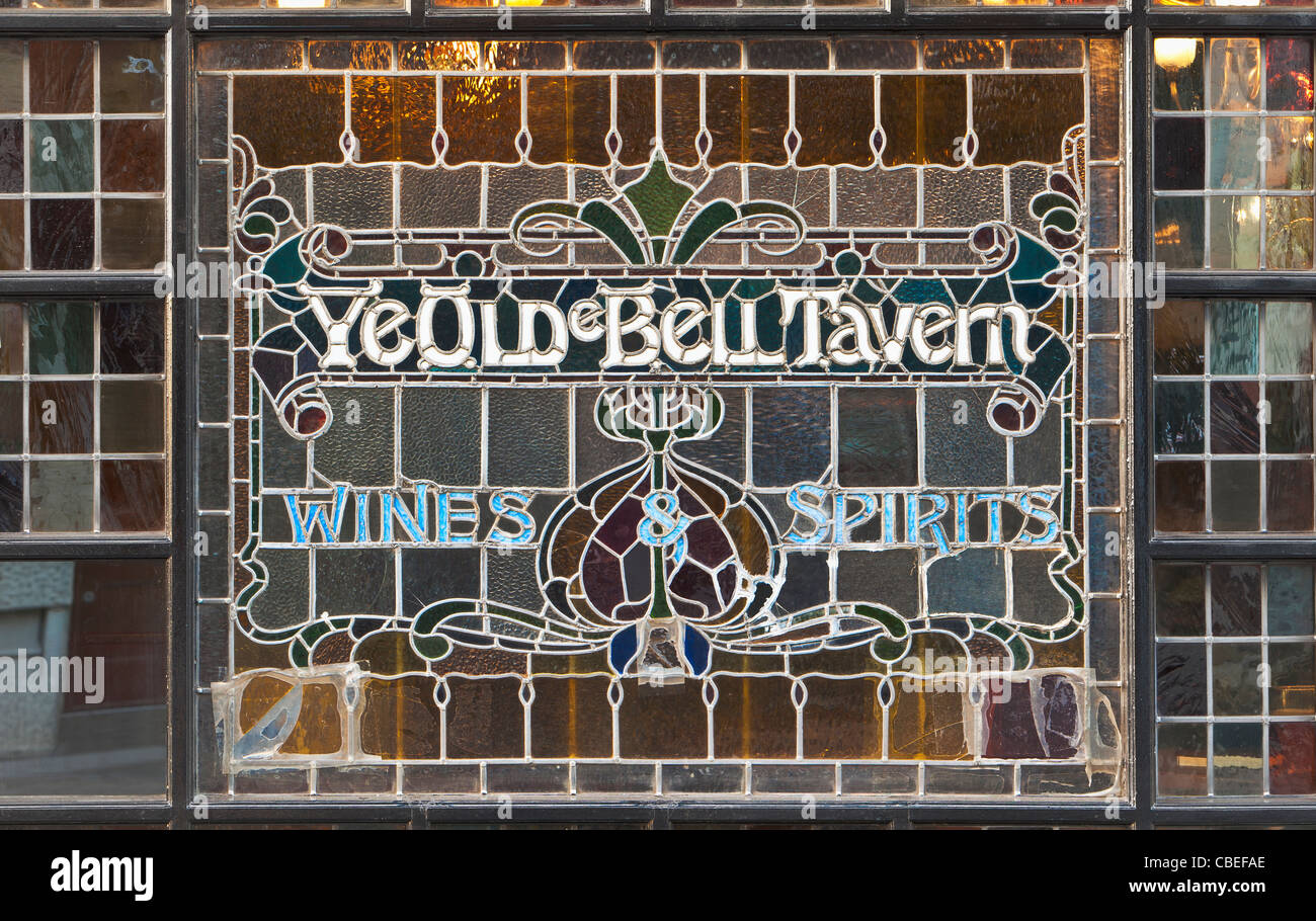 Stained glass window of Ye Olde Bell Tavern, London, UK Stock Photo