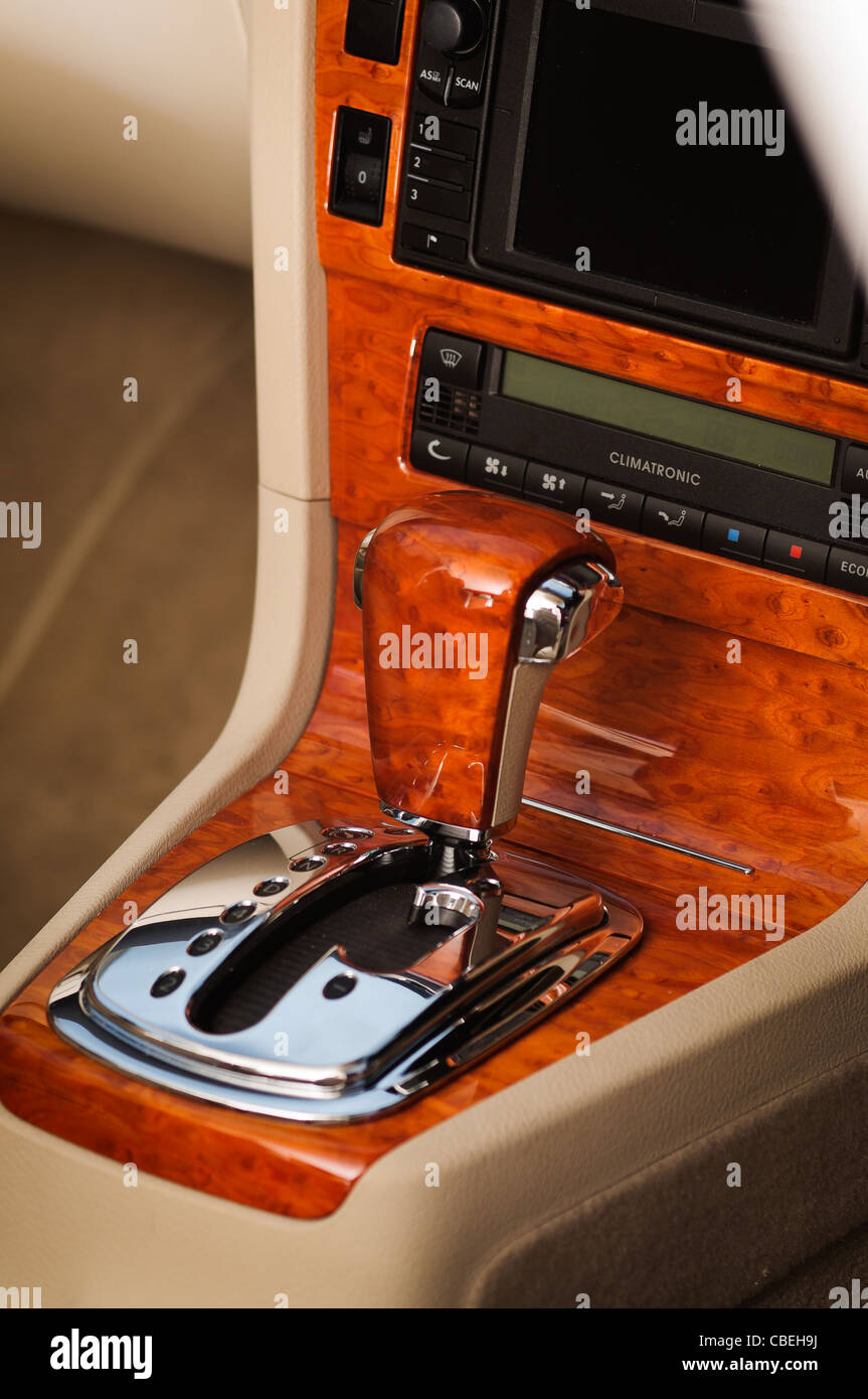 The interior of a Skoda car.  Concentrating on the centre console with the auto box lever clearly visible. Stock Photo