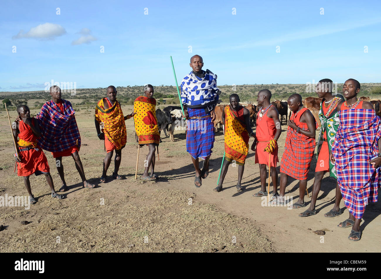 Kenya, Masai Mara, members of the Masai tribe entertain tourists Stock Photo