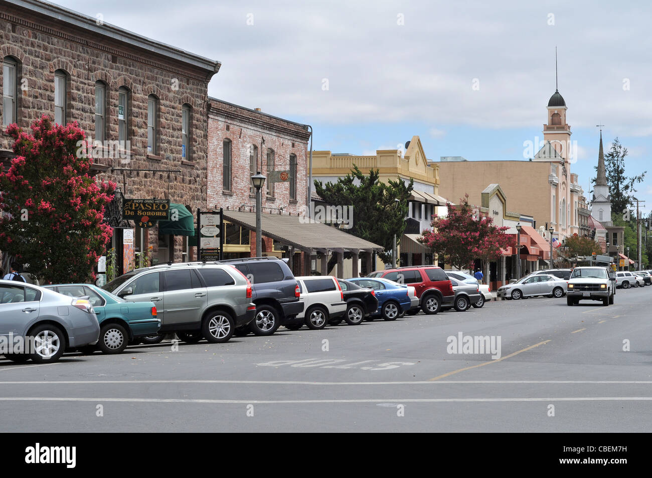 1st Street East on the east side of the square in Sonoma, California, USA, where the Republic of California was first declared. Stock Photo