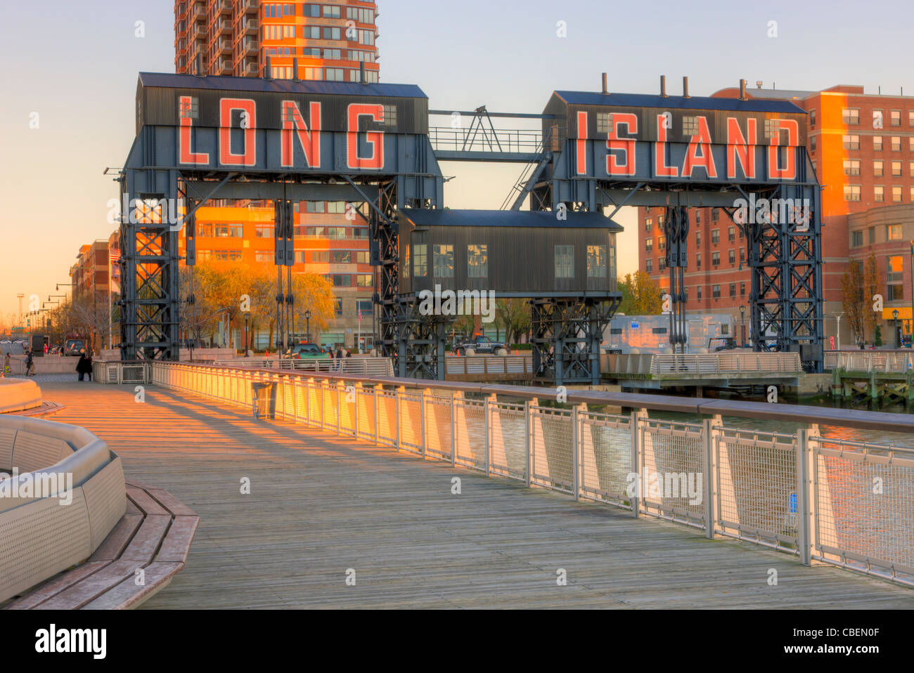 "Long Island" Gantry cranes in Gantry Plaza State Park in Long Island City, Queens, New York City. Stock Photo