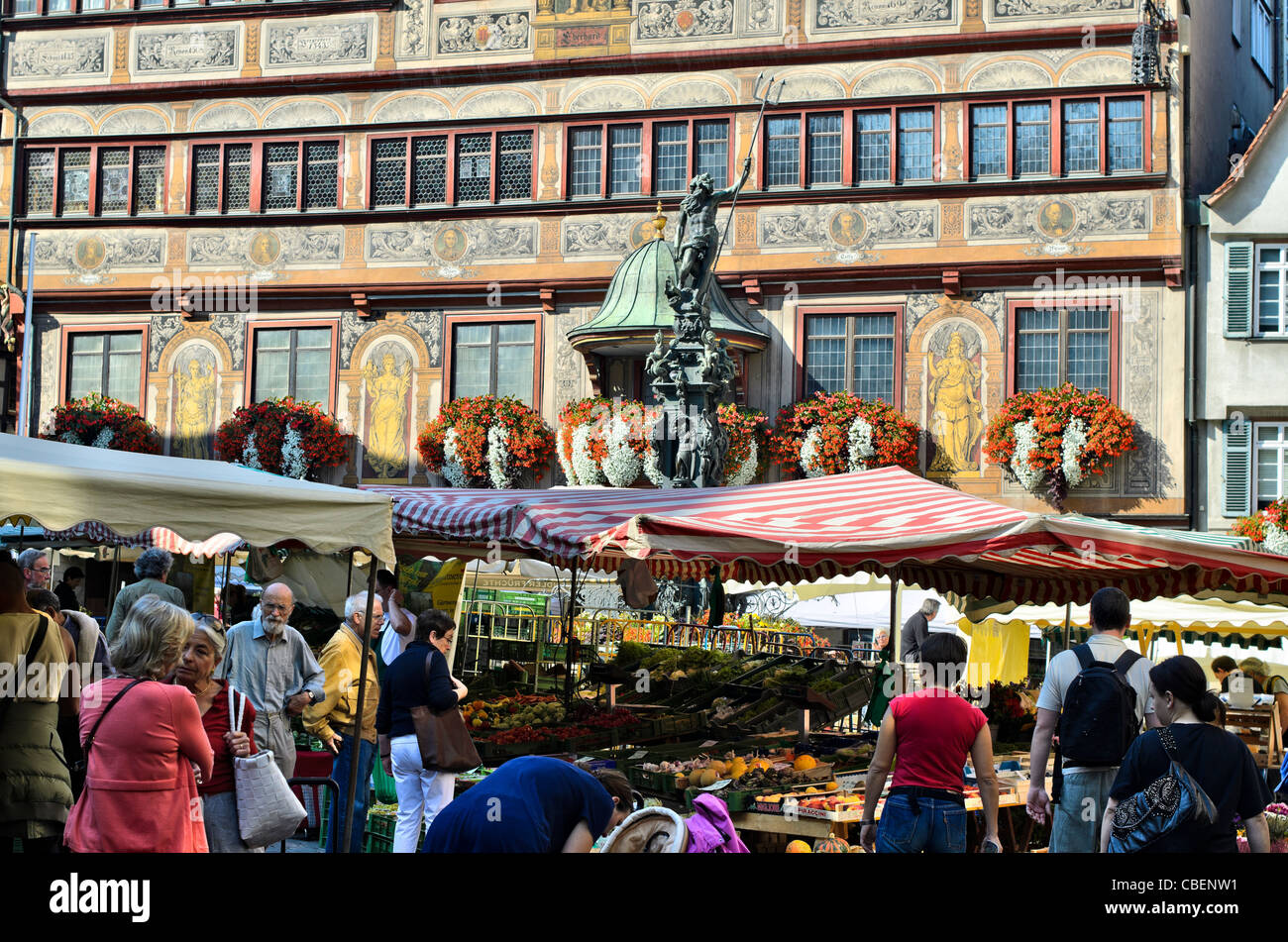 Fruits and vegetables stalls on the Market place in front of the Town Hall, Am Markt Tübingen