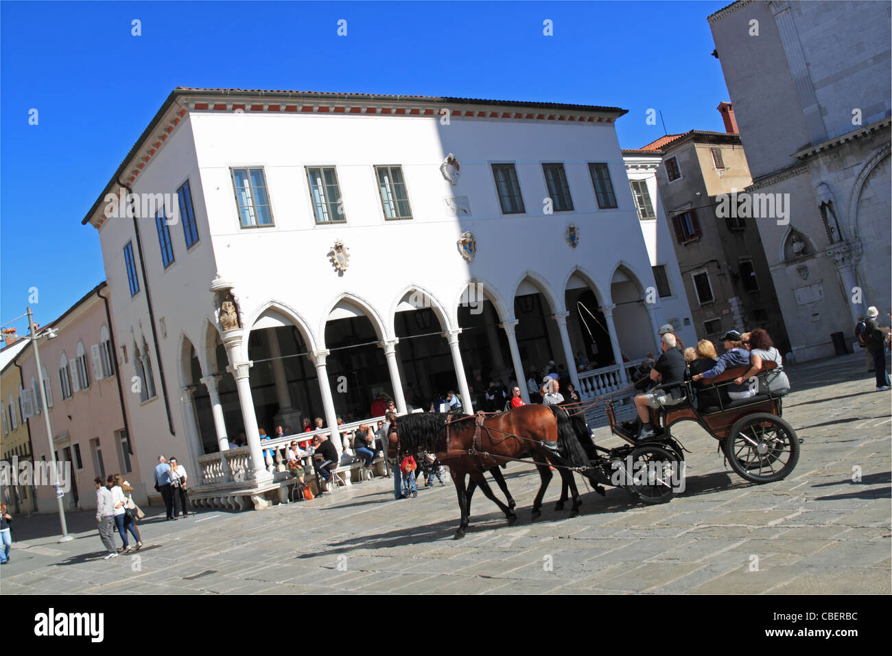 Loggia coffee house and cafe, Tito Square, Koper, Capodistria, Primorska, Slovenia, Istria, Balkans, Adriatic Sea, Europe Stock Photo