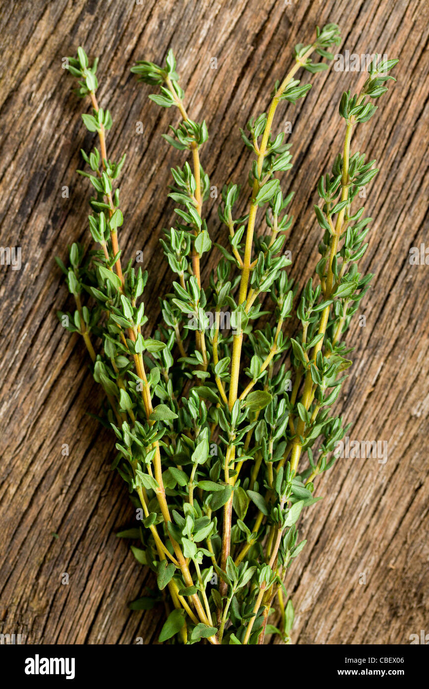 thyme herb on wooden background Stock Photo