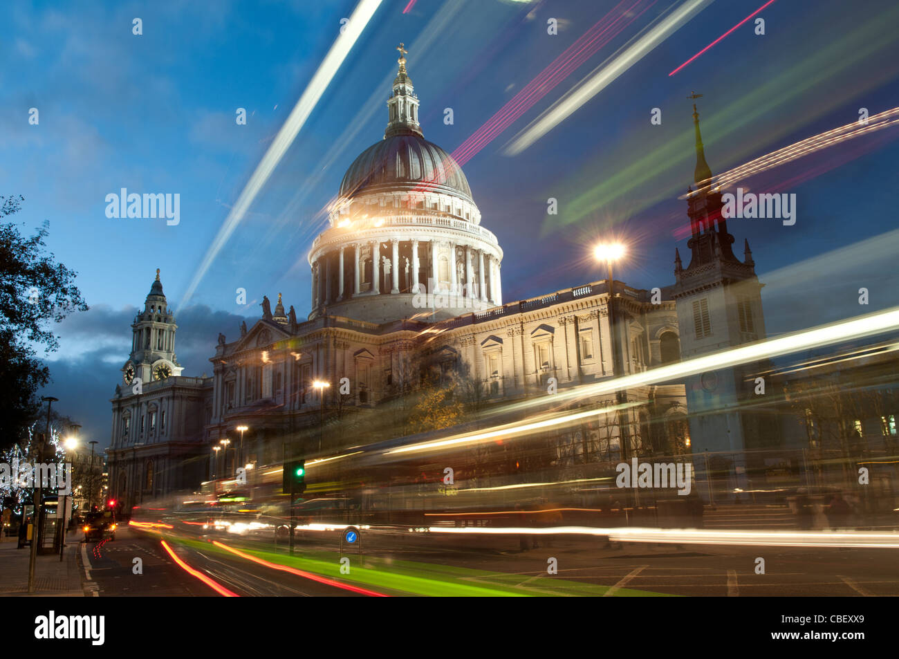 St Paul's Cathedral and Traffic Trails at Nightfall, London, England, UK Stock Photo