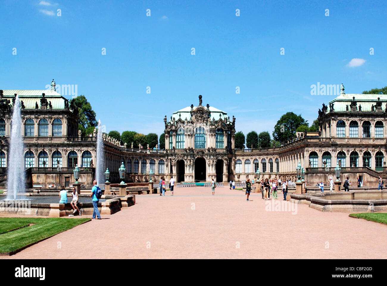 Tourists in the inner courtyard of the Zwinger in Dresden in front of the Wallpavilion in the baroque plant. Stock Photo