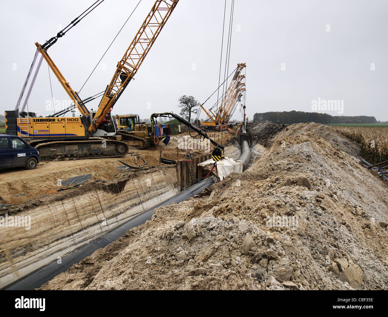 Building a gas pipeline connecting with the Nord Stream Pipeline between Russia and Western Europe. Stock Photo