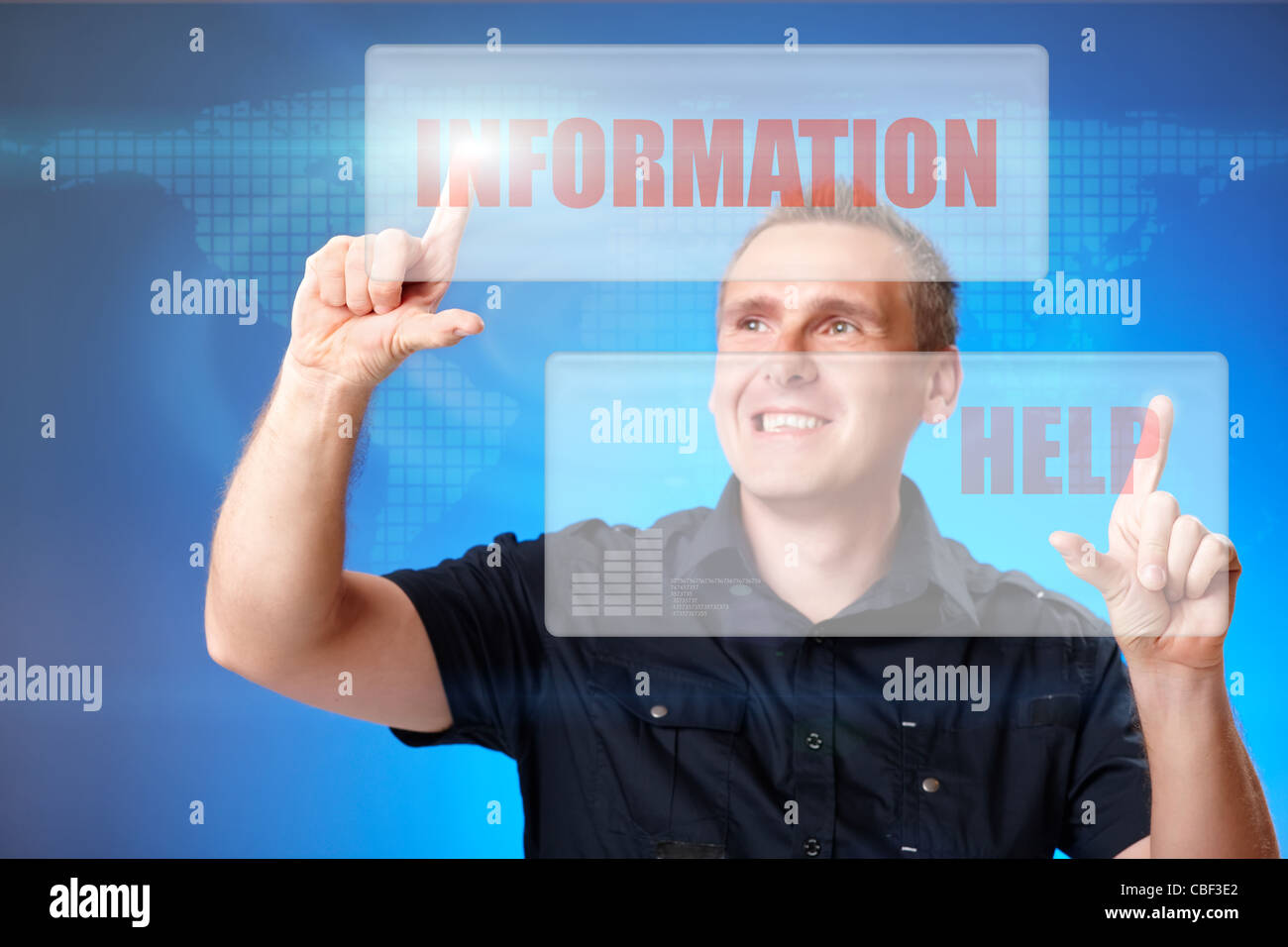Man using holographic interface, pressing white and red buttons with words information and help Stock Photo