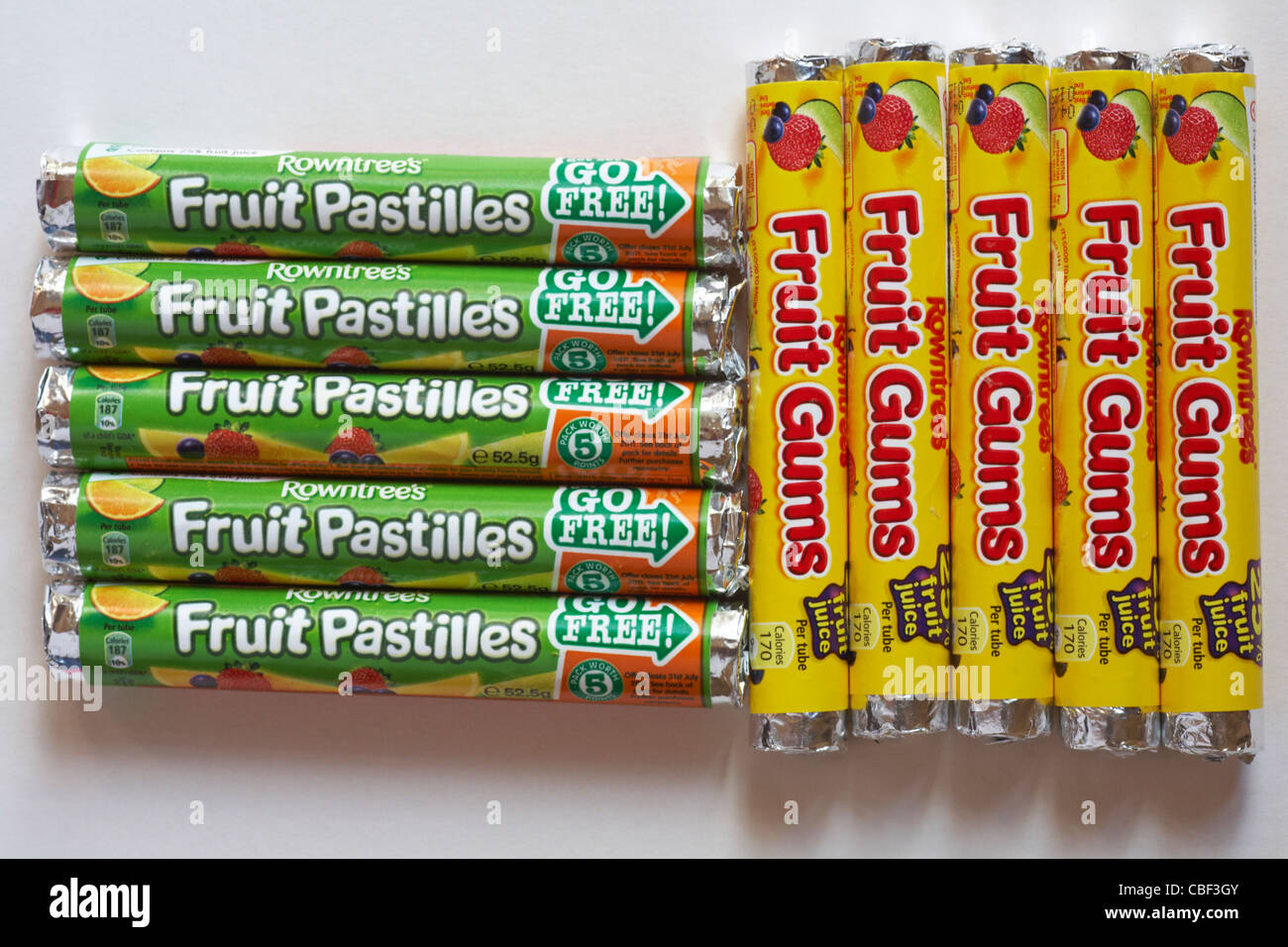 tubes of Rowntree's Fruit Pastilles and Rowntree's Fruit Gums isolated