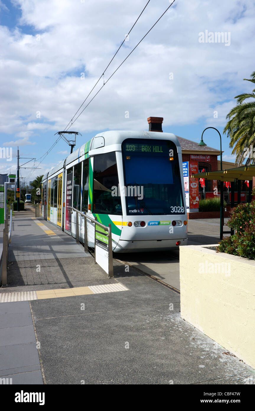Tram 109 at the terminus at Port Melbourne, Australia, showing the raised loading platform Stock