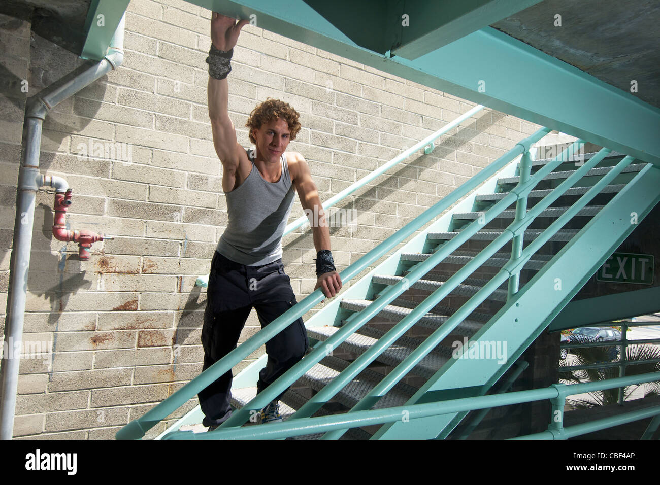 A portrait of a parkour freerunning athlete. Stock Photo