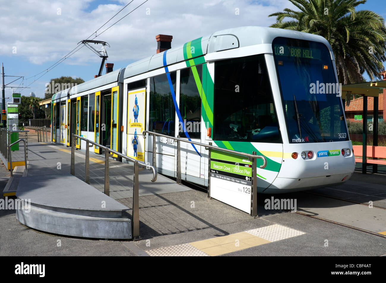 Tram 109 at the terminus at Port Melbourne, Australia, showing the raised loading platform. Stock Photo