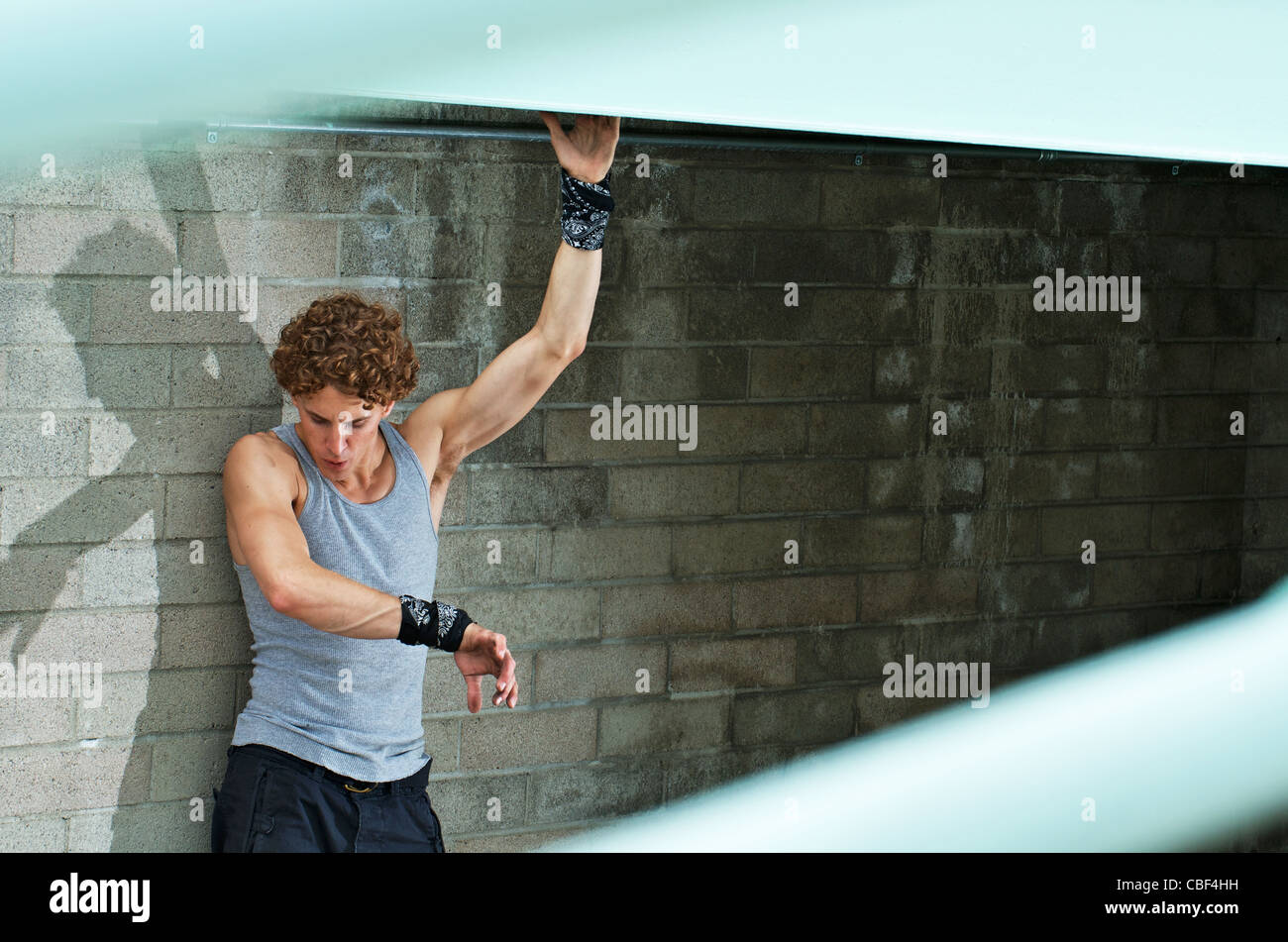 A portrait of a parkour freerunning athlete. Stock Photo