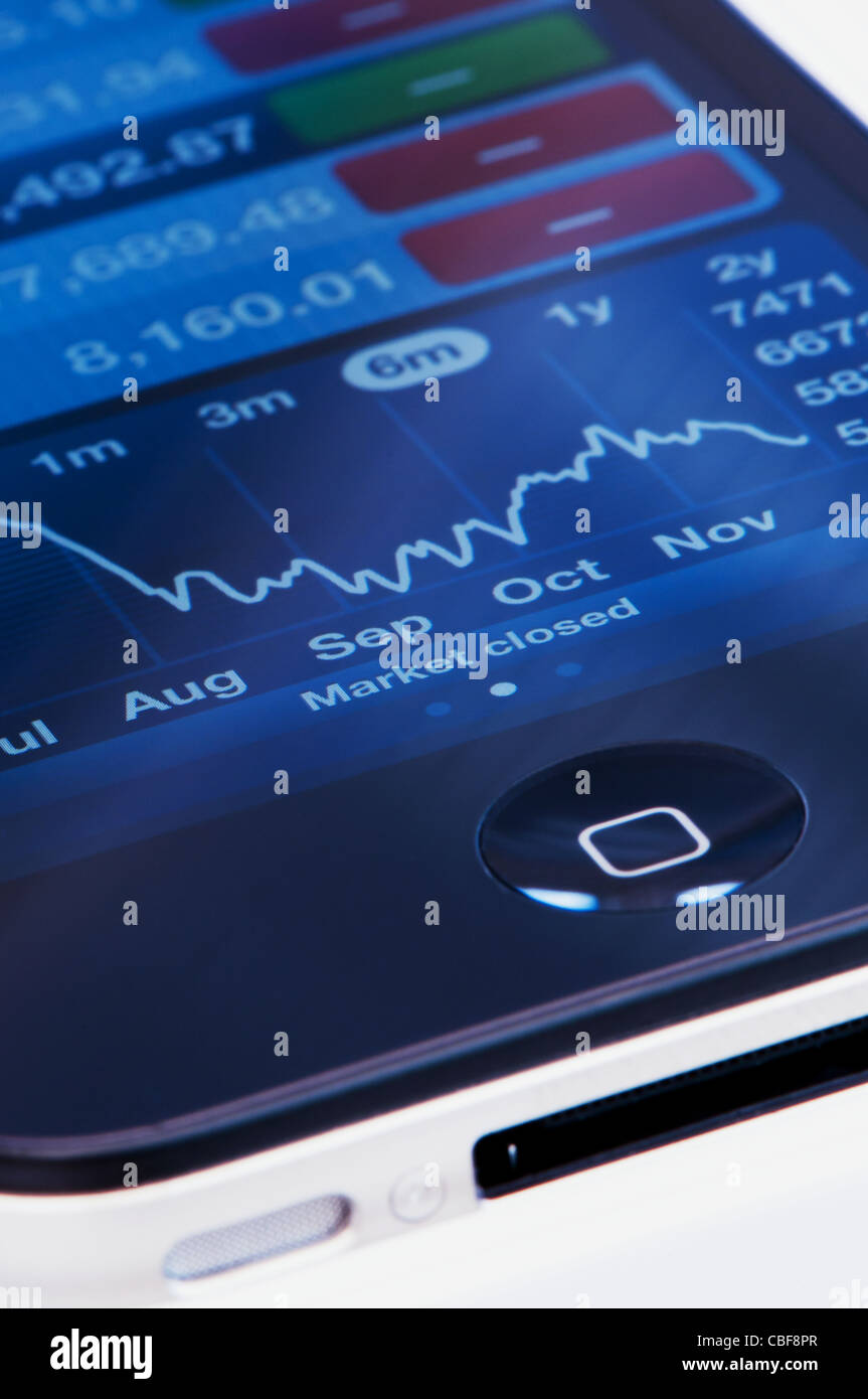 Macro shot of the screen of a smart phone displaying the graph depicting stock market results. Stock Photo