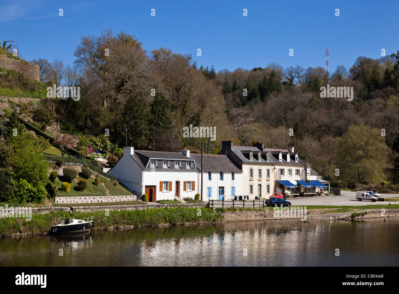 Cottages and bar restaurant on the Nantes Brest Canal at Chateauneuf du Faou, Brittany, France