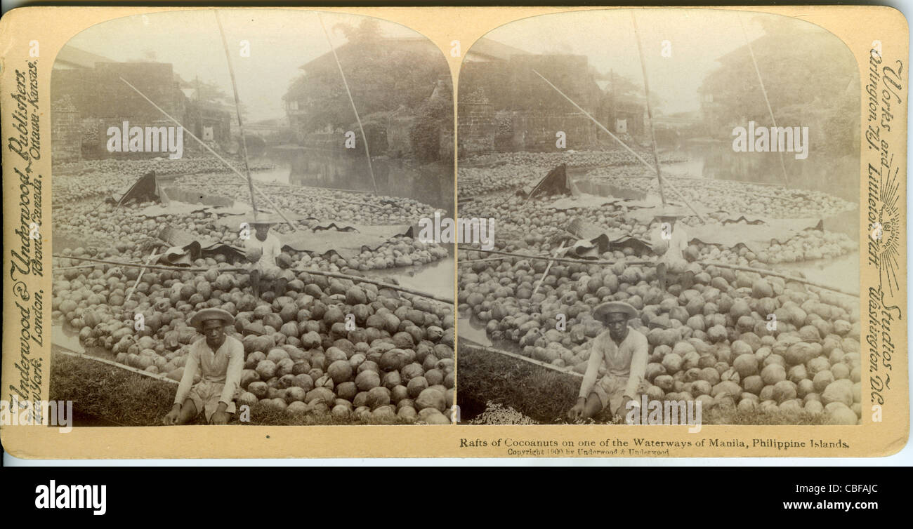 Rafts of Coconuts on one of the Waterways of Manila, Philippine Islands Stock Photo