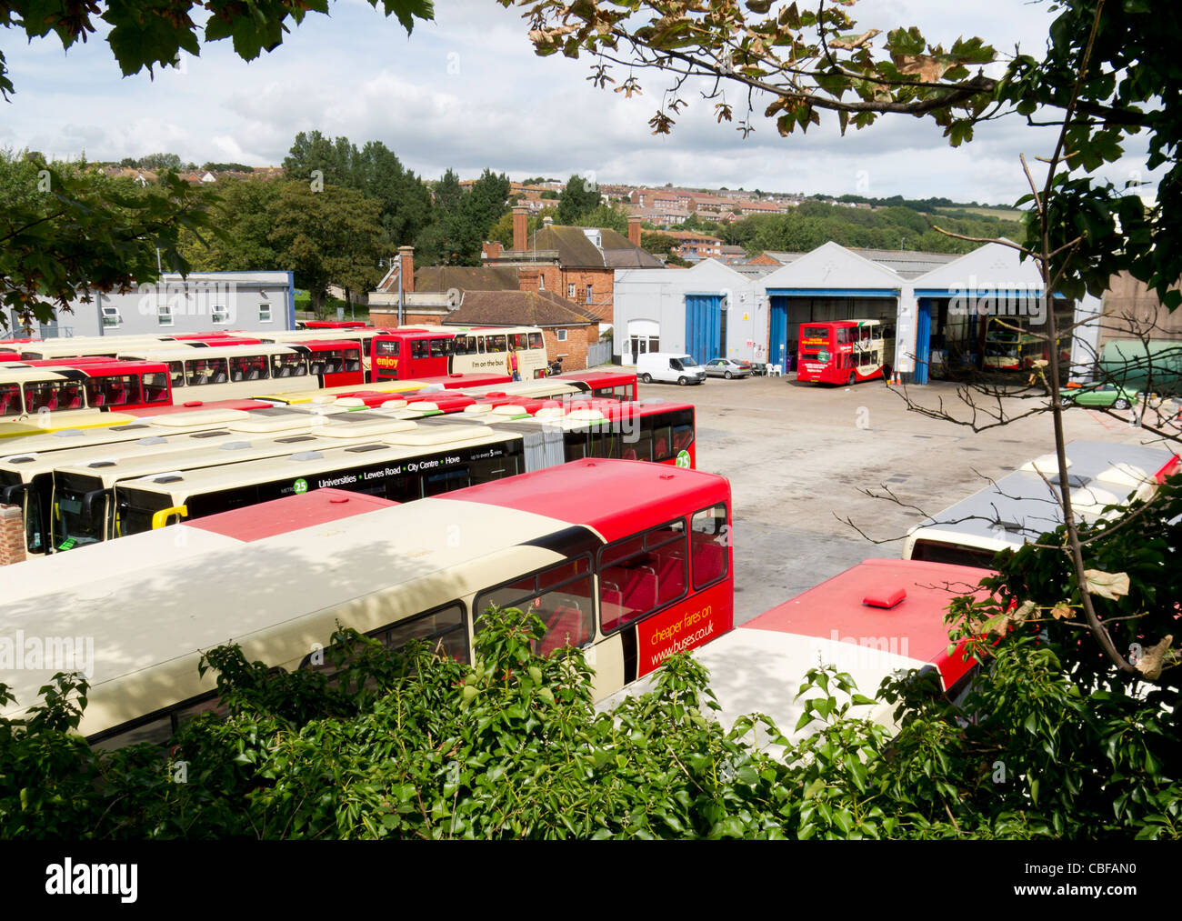 Buses of the Brighton and Hove bus company in Lewes Road Bus garage, Brighton Stock Photo