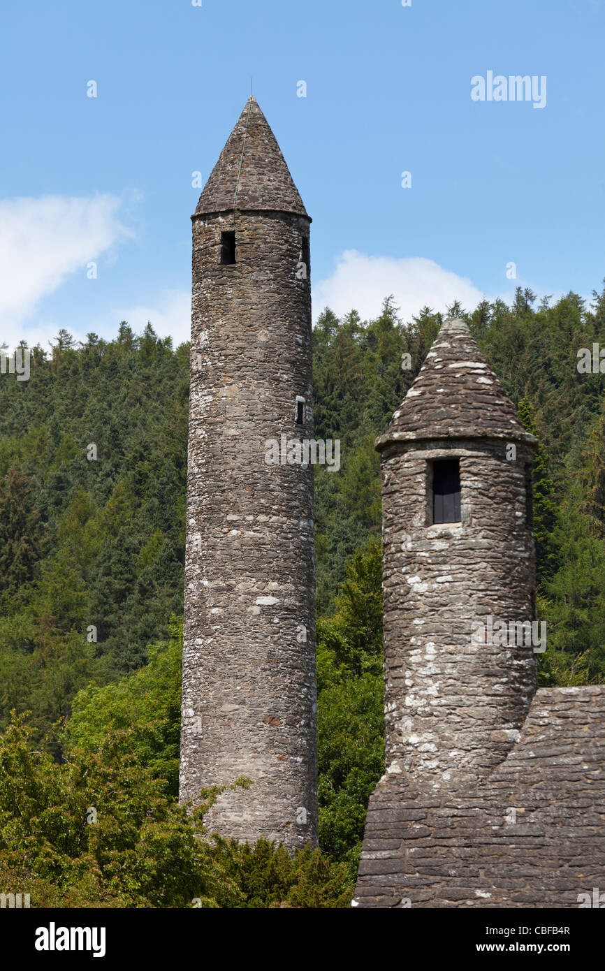 St. Kevin's Church and Round tower, Glendalough, County Wicklow, Ireland Stock Photo