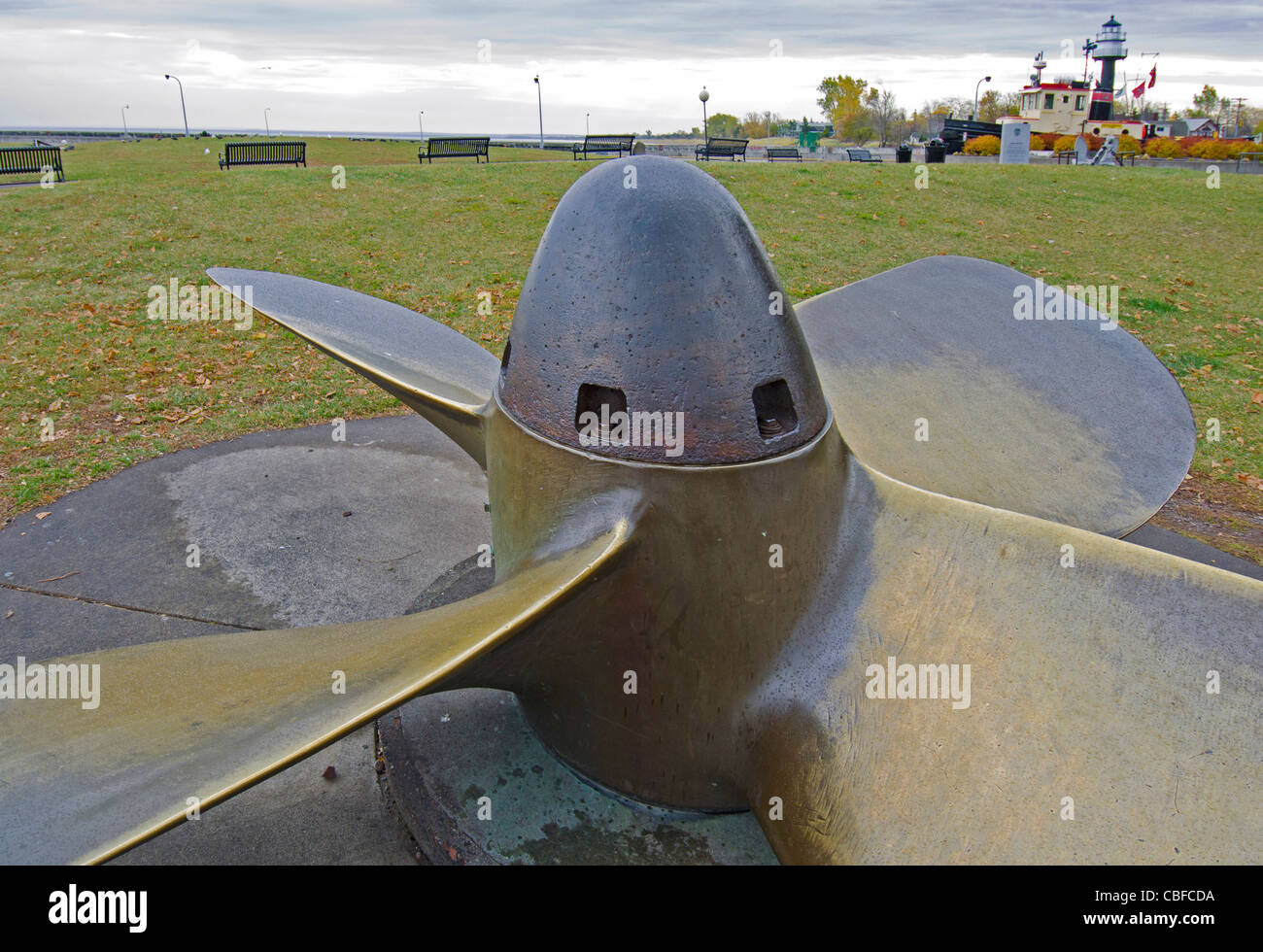 The propeller wheel from an ore-carrier freighter at the Lake Superior Visitor Center located in Duluth, MN Stock Photo