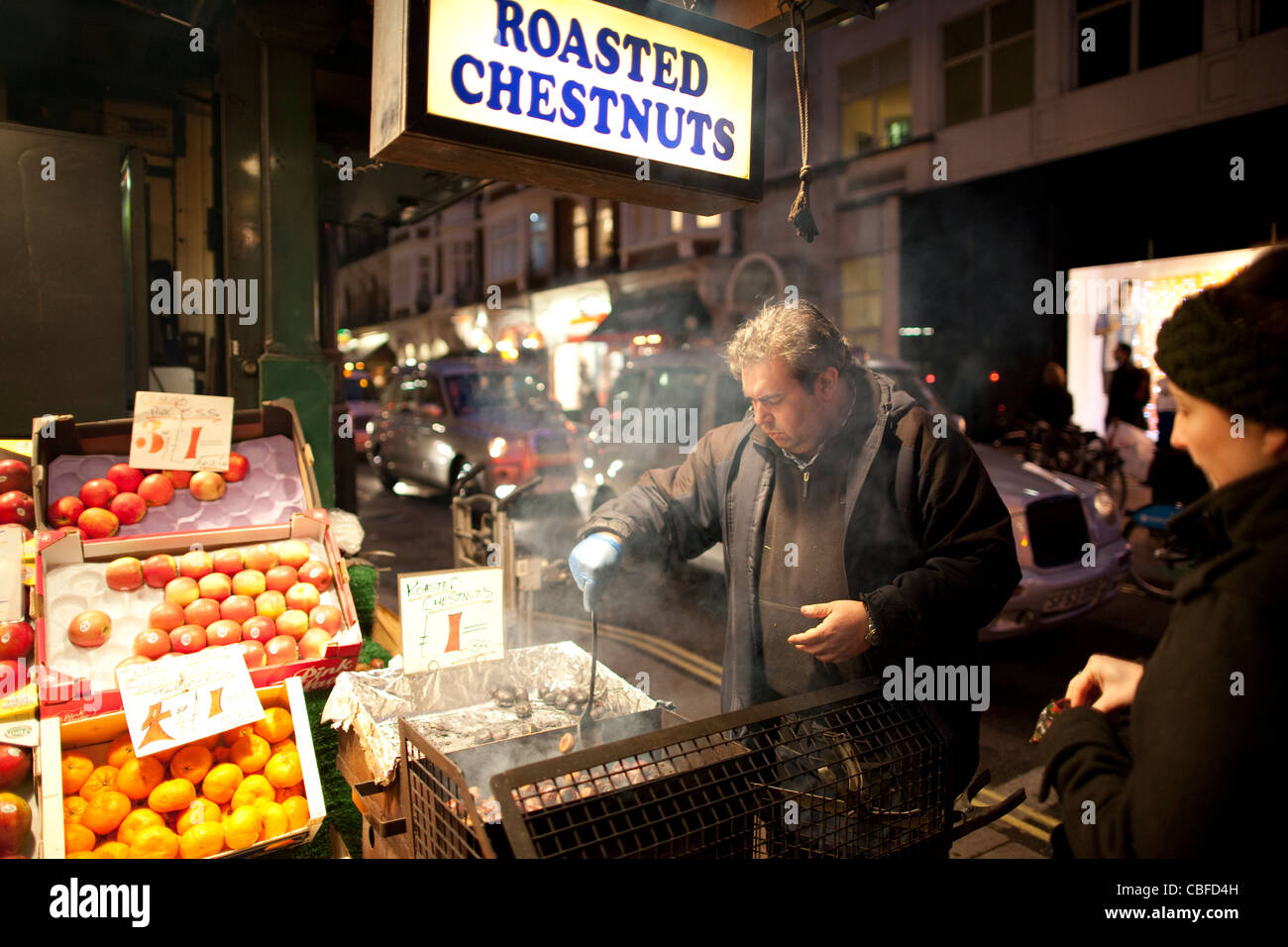 Roasted Chestnuts for sale on Oxford Street stall. Photo:Jeff Gilbert Stock Photo