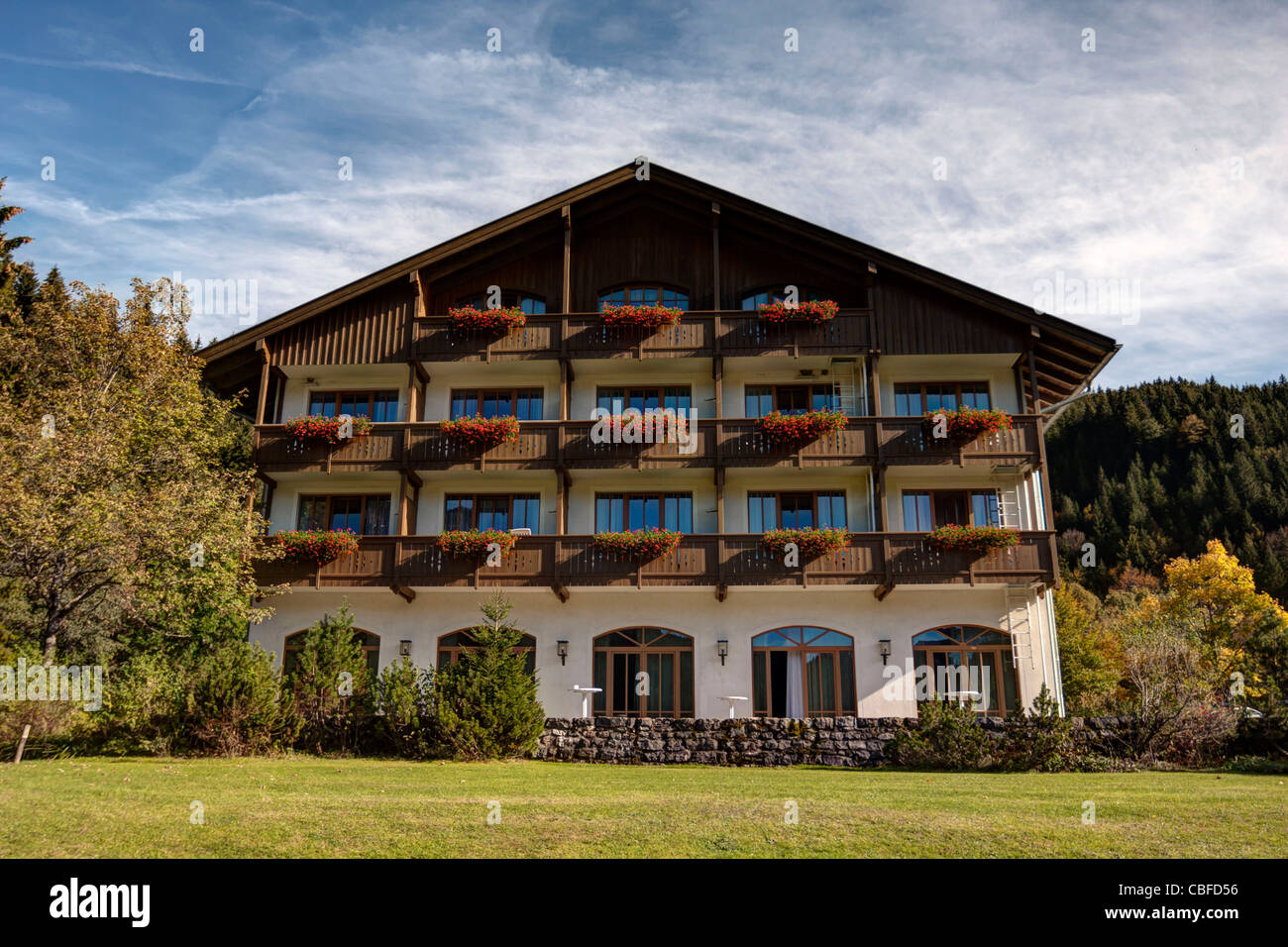 A wooden multi-story house in Spitzingsee, Bavaria, Germany. Stock Photo