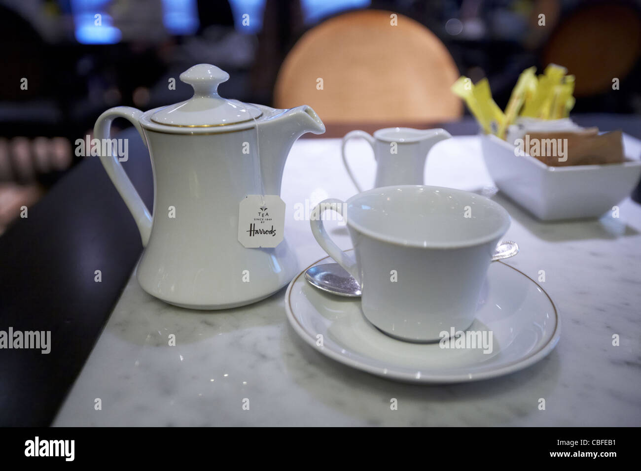 pot of tea from instore cafe in harrods department store london england