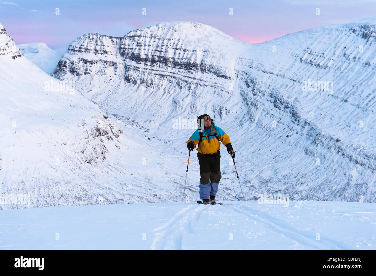 Ski-touring in Tamok, northern Norway during the polar night season. Stock Photo