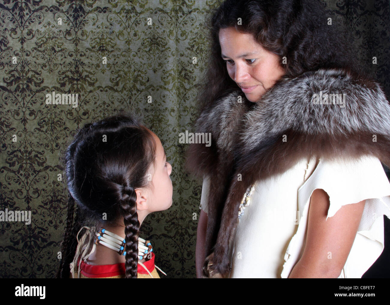 Native American Lakota Sioux Indian woman and male child Stock Photo