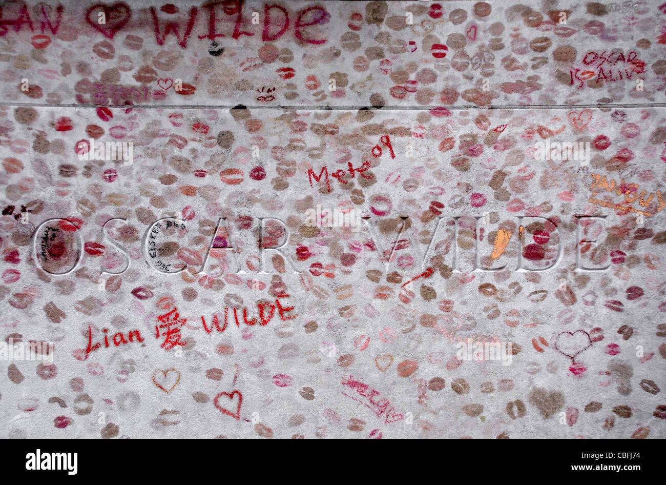 Close up of Oscar Wilde's name on grave stone covered in lipstick kisses Stock Photo