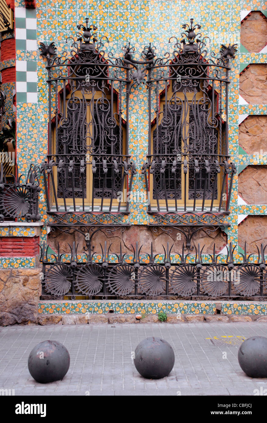 Ornate railing windows at the front of the Casa Vicens, designed by Antonio Gaudi Stock Photo