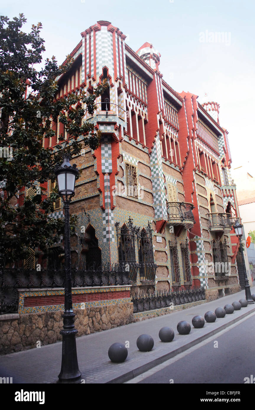 Pavement and Corner of Casa Vicens with colourful facade Stock Photo