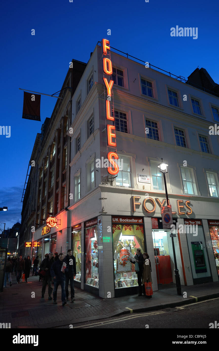Foyles Charing Cross Road, London, England, UK, lit up at