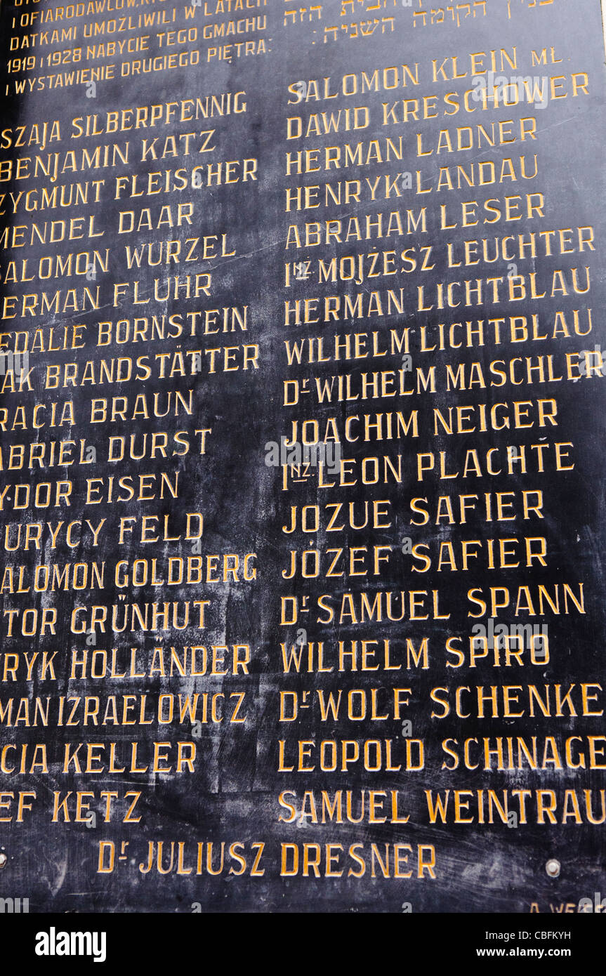 Names of Jews on a plaque at a Jewish Cemetery, Krakow Stock Photo
