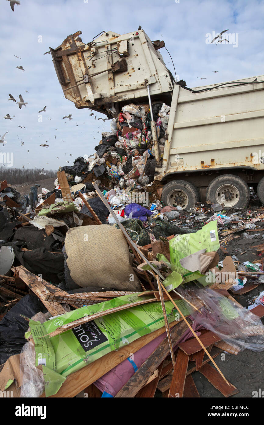 Smith's Creek, Michigan - A truck dumps garbage at St. Clair County's Smith's Creek Landfill. Stock Photo
