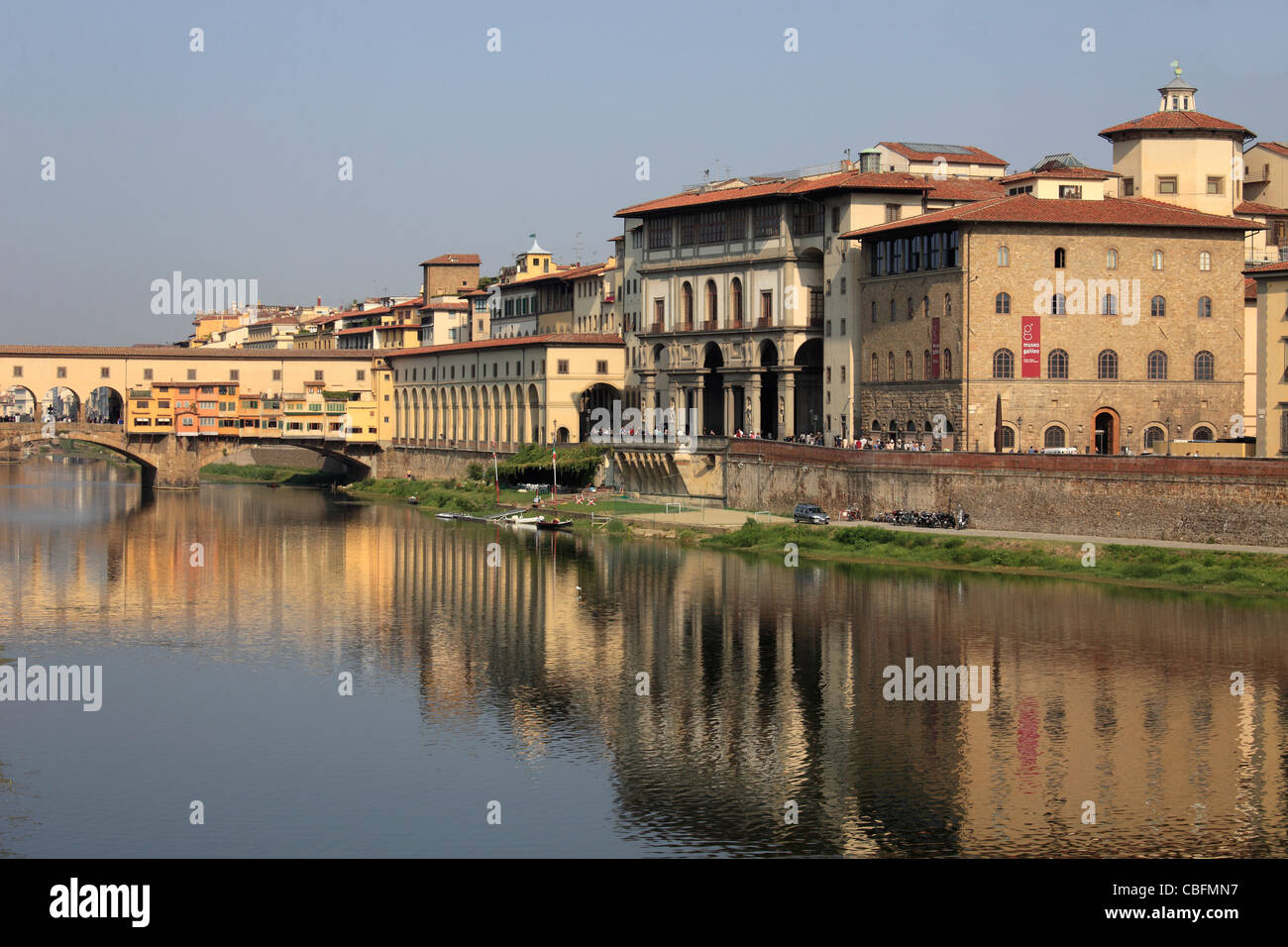 Italy, Tuscany, Florence, Arno River, Ponte Vecchio, Galleria degli Uffizi, Stock Photo