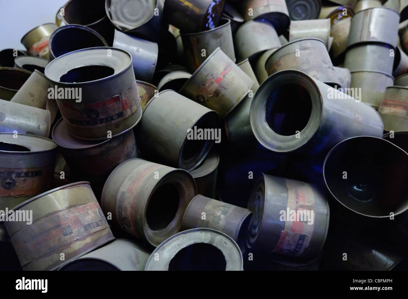 Canisters of Zyklon-B (Cyclob-B) at Auschwitz I Nazi concentration camp used in the gas chambers to exterminate prisoners Stock Photo