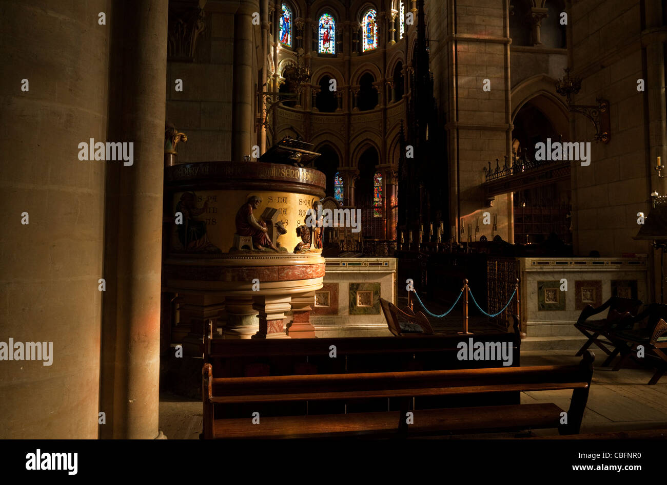 The Pulpit in St Finn Barre's Anglican (CI) Cathedral, Designed by William Burges and consecrated in 1870, Cork City, Ireland Stock Photo