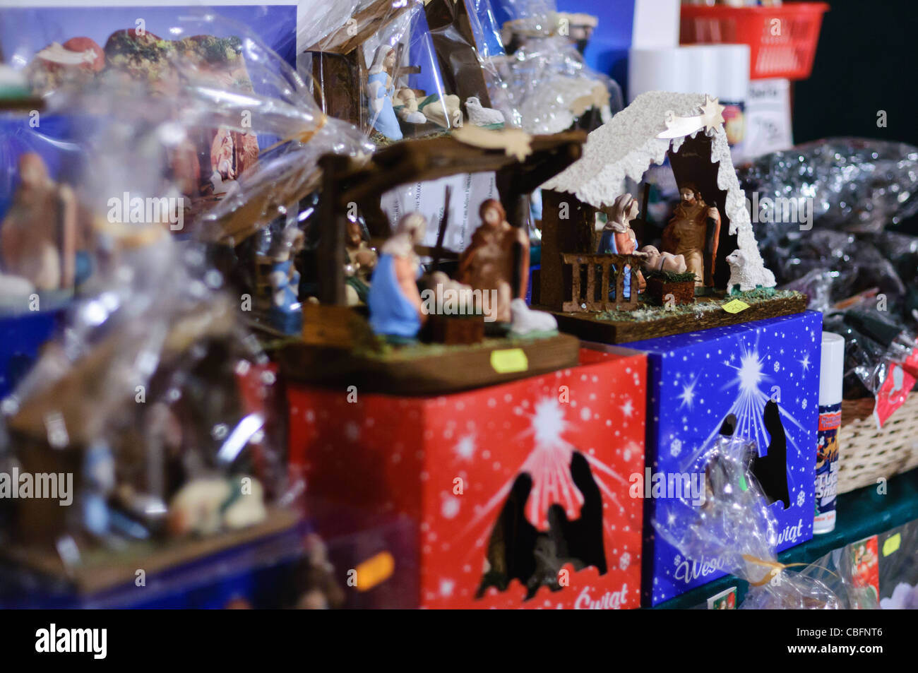 Handmade nativity scenes on sale at the Christmas market in Rynek