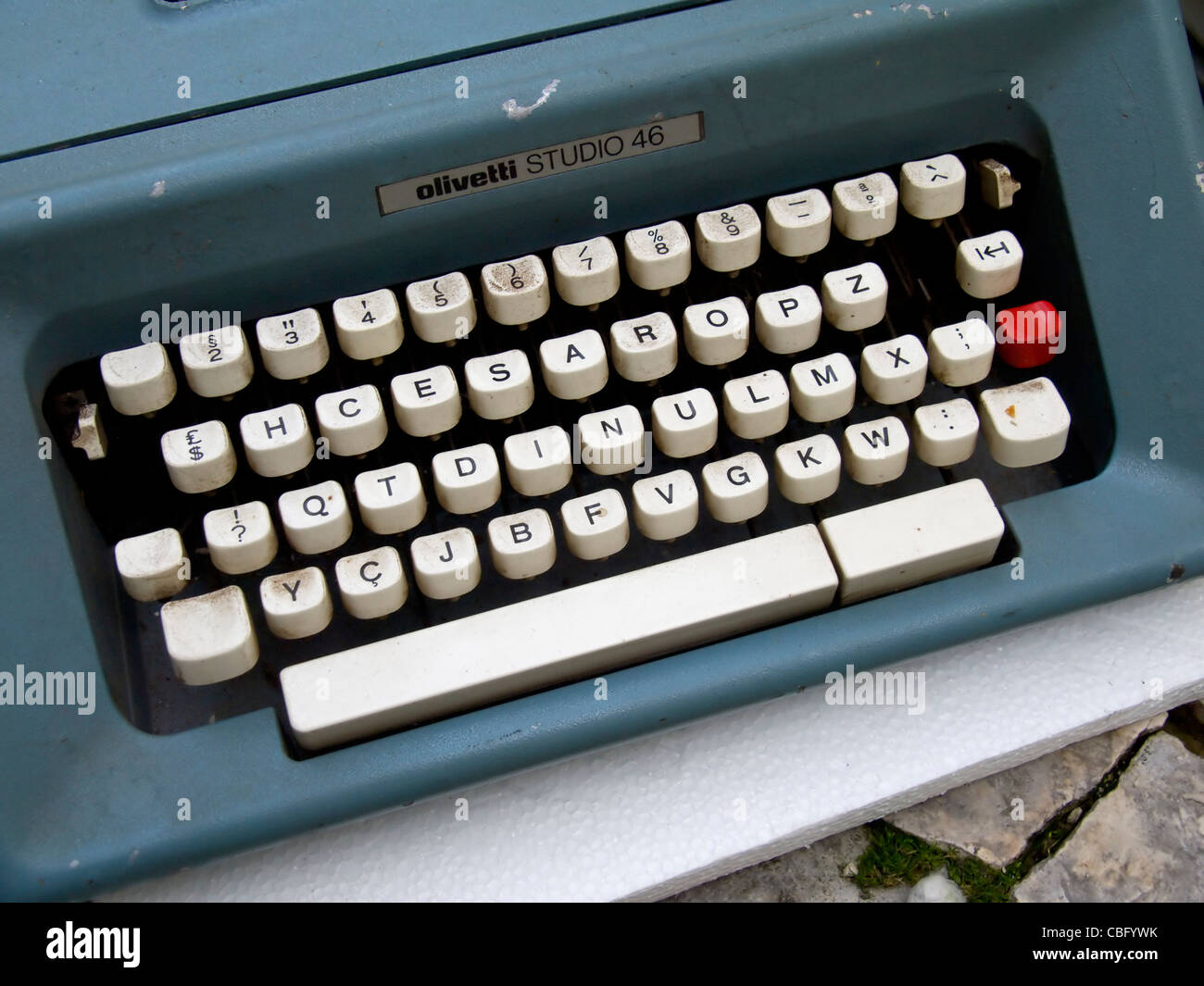 Close up of blue 1950's Olivetti typewriter Stock Photo
