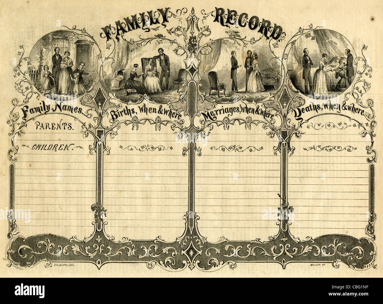 1854 engraving, 'Family Record' chart for genealogy. Stock Photo