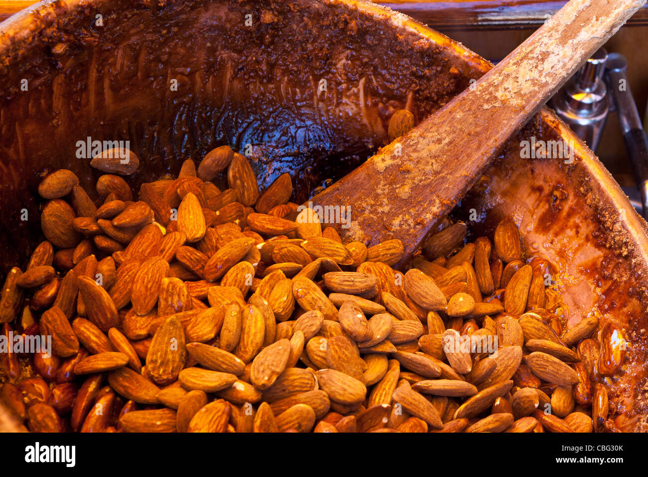Cooked Almonds And Peanuts Street Food Stall Pralines Close Up 