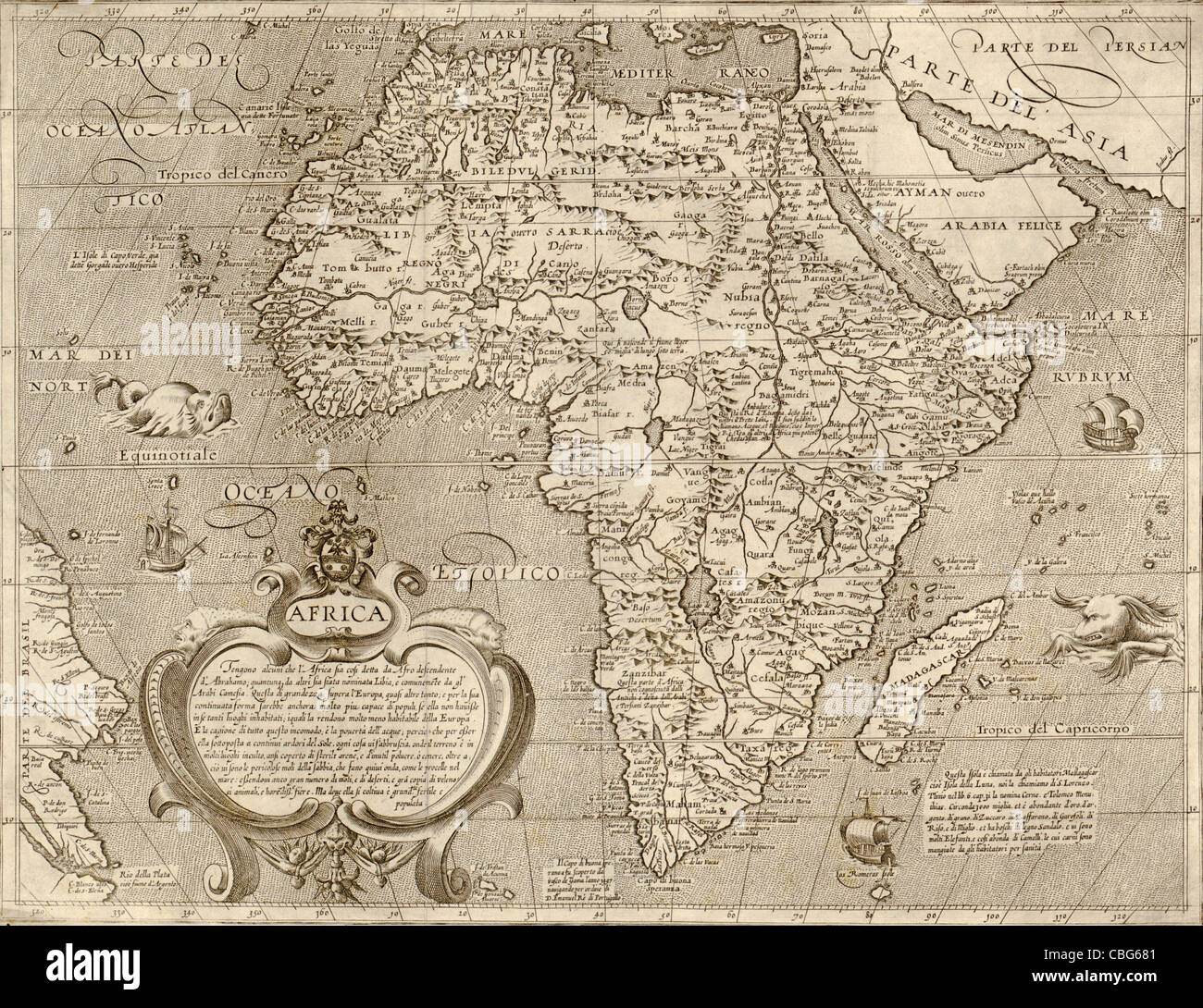 Antique map of Africa.From Atlas by Arnoldo di Arnoldi of Italy, circa 1600. Stock Photo