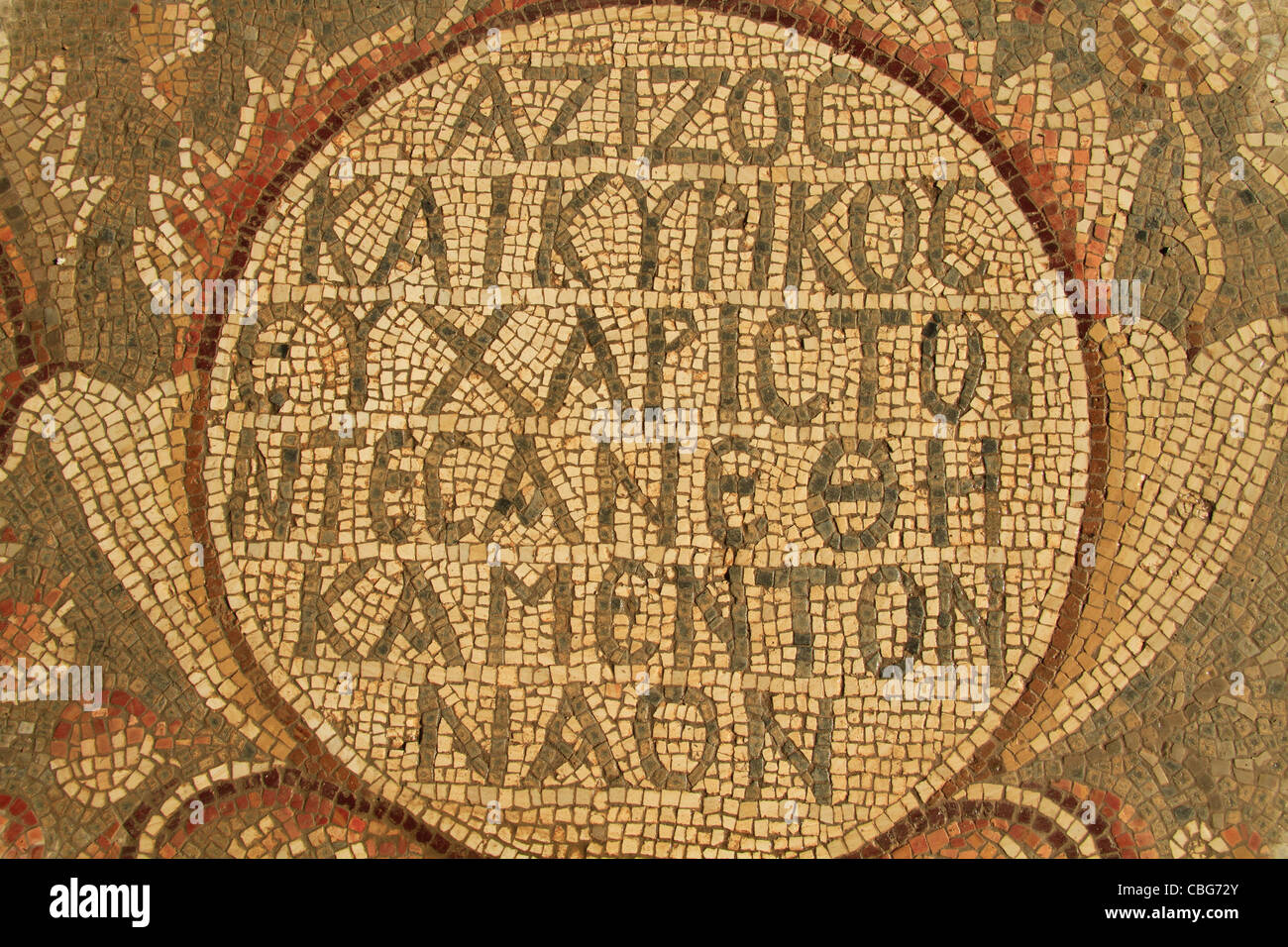 Israel, Shephelah, the mosaic floor at the Byzantine Church in Beth Loya Stock Photo