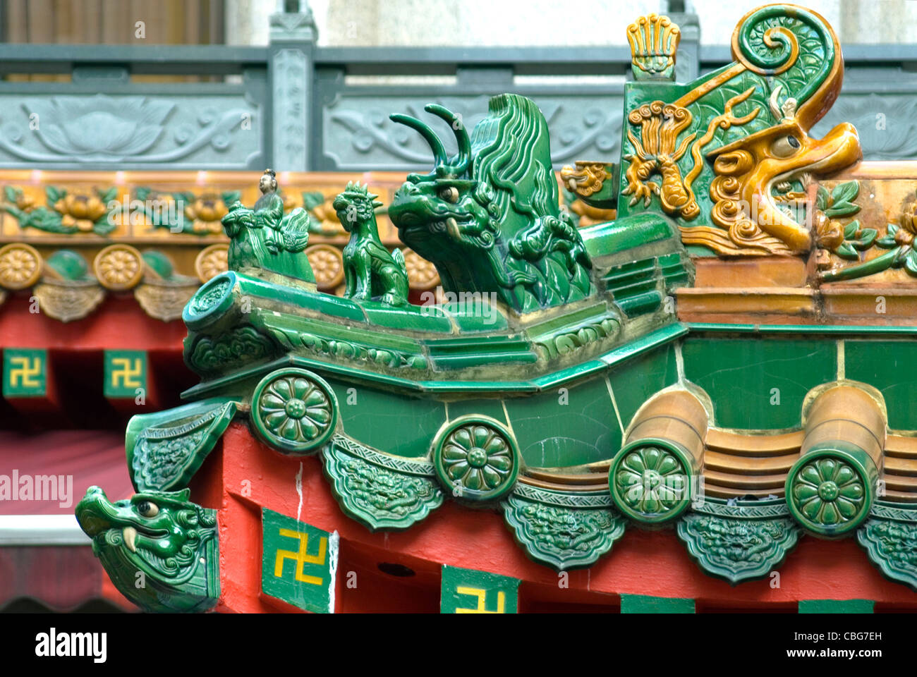 Chinese ceramic roof tile at the Kwan Im Thong Hood Cho Temple in Bugis, Singapore. Stock Photo