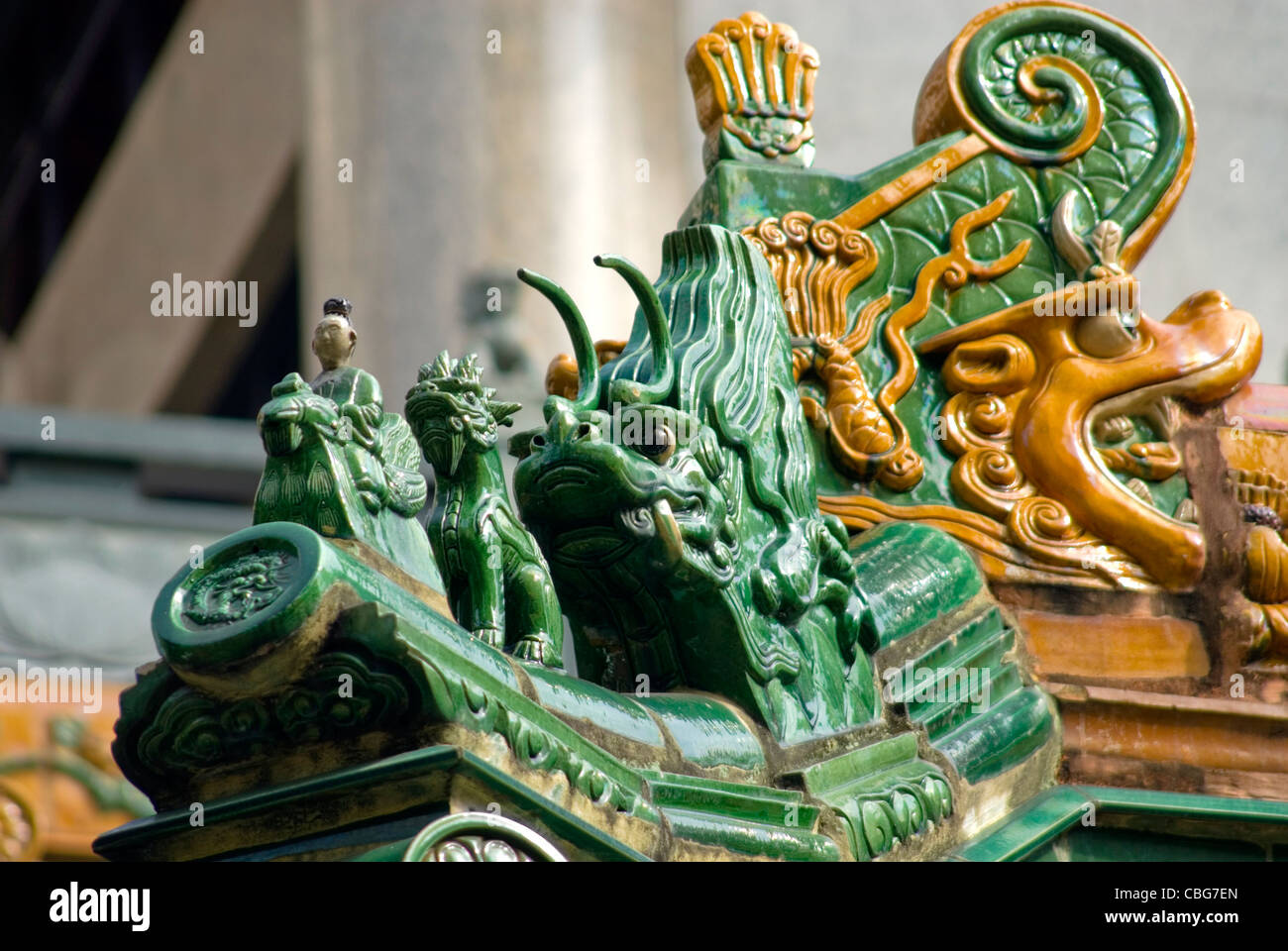 Chinese ceramic roof tile at the Kwan Im Thong Hood Cho Temple in Bugis, Singapore. Stock Photo