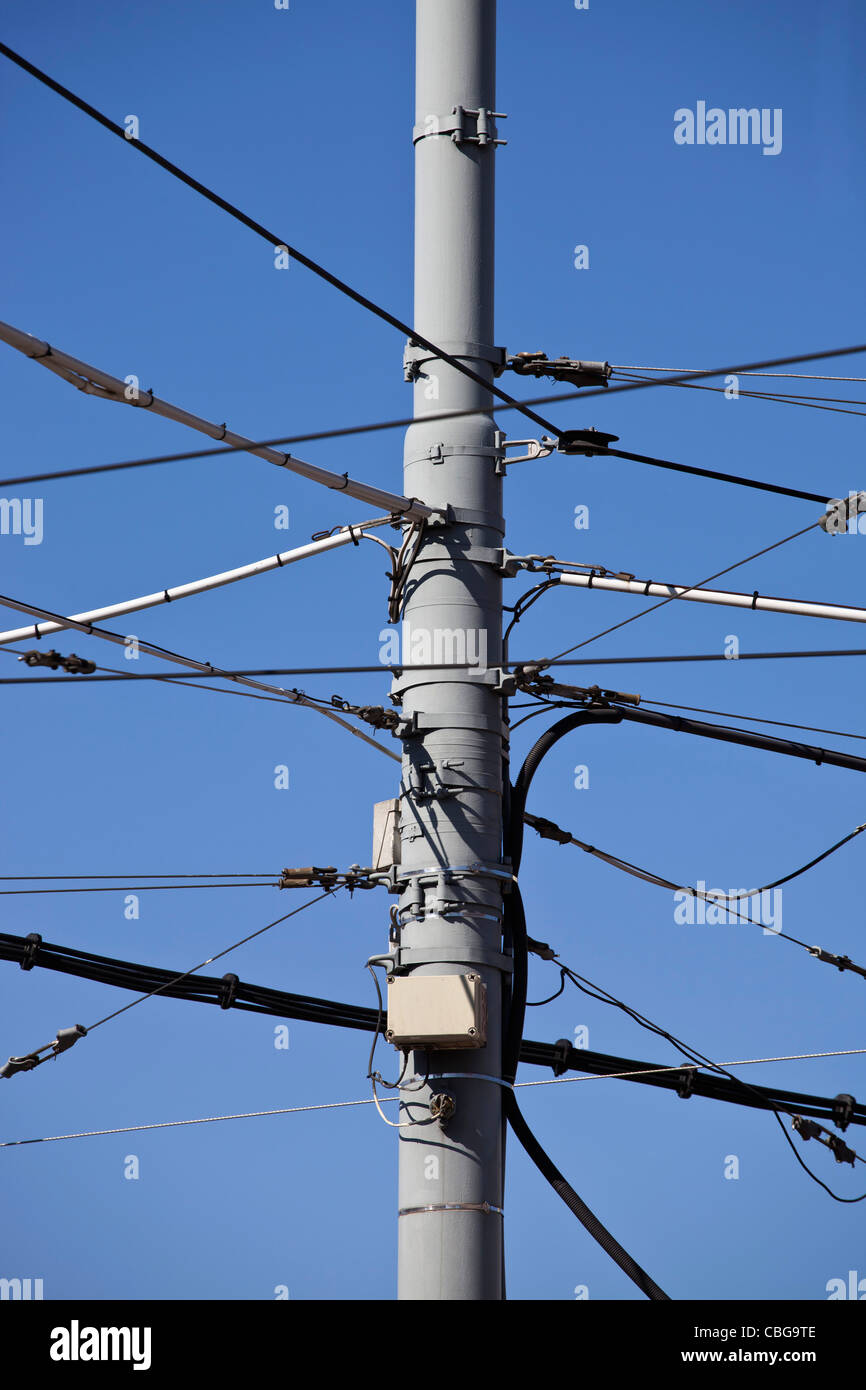 A utility pole with various wires and cables Stock Photo Alamy